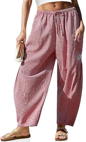 TARSE Womens Linen Wide Leg Striped Pants Casual Barrel Loose Drawstring Low Waist Palazzo Harem Pants with Pockets - Image 1