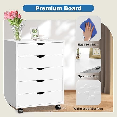 OLIXIS 5 Drawer File Cabinet on Wheels, Printer Stand | Fits Under Desks, Wood Storage Organization Holds Printer, Office Supplies, Not For Hanging Files, For Home Office Use White thumbnail 7