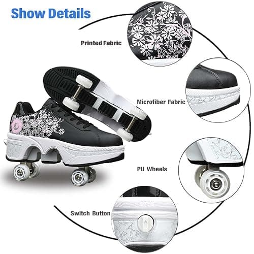 Roller Skate Shoes for Women Four Rounds Children's Roller Skates Shoes That Turn into Rollerskates Sneakers Outdoor Light Shoes with Wheels for Girls/Boys thumbnail 6