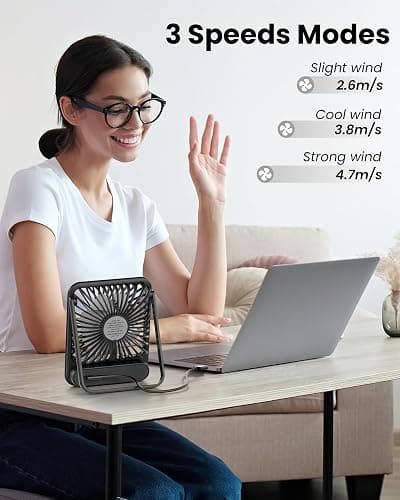 Koonie USB Desk Fan, Strong Wind Ultra Quiet Small Personal Fan with 180° Tilt Folding and 3 Speeds Adjustable, USB-C Corded Powered Mini USB Fan for Office Desktop Bedroom, NO BATTERY thumbnail 7