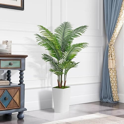 ASTIDY Artificial Palm Tree 5FT - Fake Tree with White Tall Planter - Faux Tropical Areca Floor Plant in Pot - Artificial Silk Plant for Home Office Living Room Decor Indoor thumbnail 2