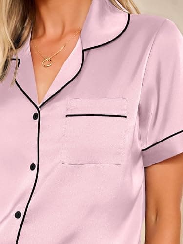 LILLUSORY Silk Satin Pajama Set for Women 2 Piece Lounge Pjs Winter Matching Summer Sleepwear Button Down Shirt Shorts thumbnail 5