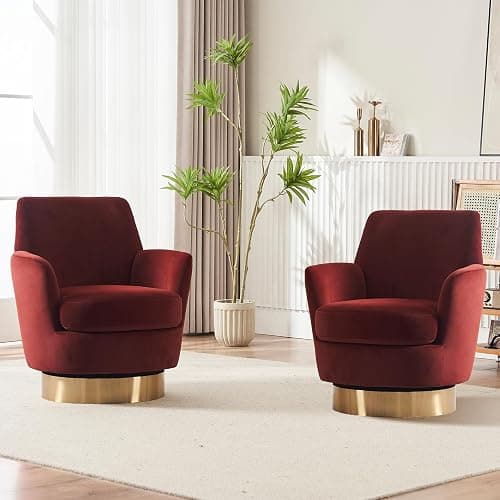 LUCKHAO Swivel Barrel Chair Set of 2,Modern Velvet Upholstered Round Swivel Accent Chairs with Tall Backrest,360 Degree Single Sofa Chair Armchair for Living Room, Brownish Red - Image 1