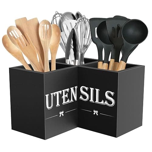Suli Extra Large Kitchen Utensils Holder with 3 Compartments,Corner Utensil Caddy for Countertop,Wooden Utensil Organizer for Kitchen Countertop, Farmhouse Decor- Black - Image 1