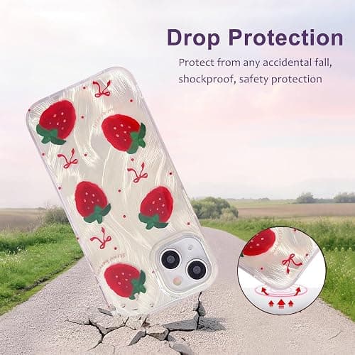 Tewwsdi Cute Glitter Strawberry Phone Case with Charm for iPhone 15,Kawaii Red Bow Polka Dot Design Aesthetic Fruit Summer Phone Girly Women，Never Fade ，1.5mm Raised Edges Protect(with Charm,6.1”) thumbnail 7