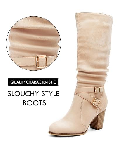 Ermonn Womens Mid Knee High Boots Chunky Heel Slouchy Metal Buckle Side Zipper Fashion Winter Shoes thumbnail 2