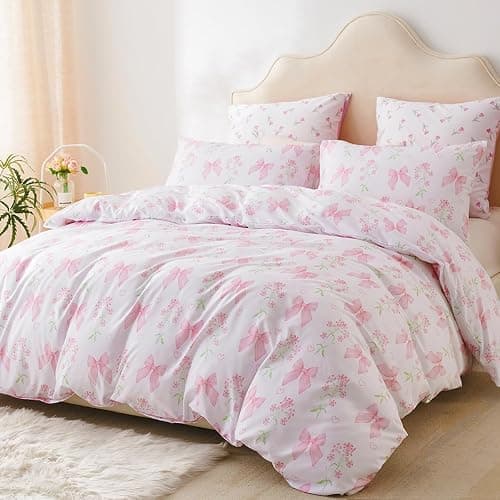CCoutueChen Duvet Cover Full 3Pcs Pink Floral Bow Bedding Set for Girls Kids, Romantic Princess Style Bowknot Bedding, Ultra Soft Reversible Garden Flower Duvet Cover Set(2 Pillowcases,No Comforter) thumbnail 2