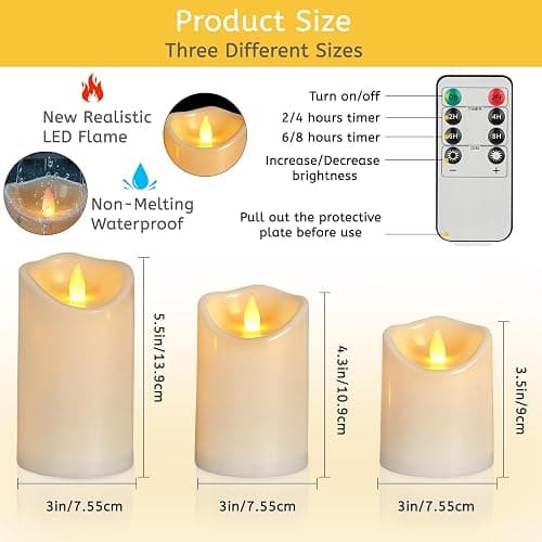 Flameless Candles 4" 5" 6" Set of 3 Outdoor Indoor Ivory Pillars Battery Operated Flickering Candles with Cozy Climbing Flame Effect, 8-Key Remote Timer, Plastic LED Candles for Wedding Decor thumbnail 3