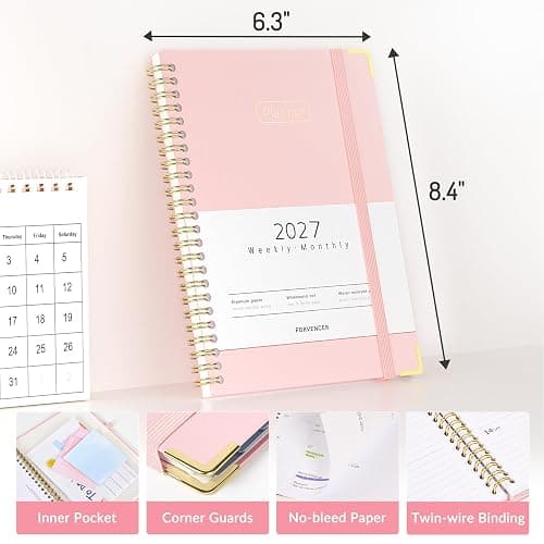 Forvencer 2027 Planner, Hardcover Calendar Planner Jan - Dec 2027, 6"x8" | Spiral Weekly & Monthly Planner, Daily Agenda Book with Tabs, Daily Journal Organizer for Office Home School, Pink thumbnail 3