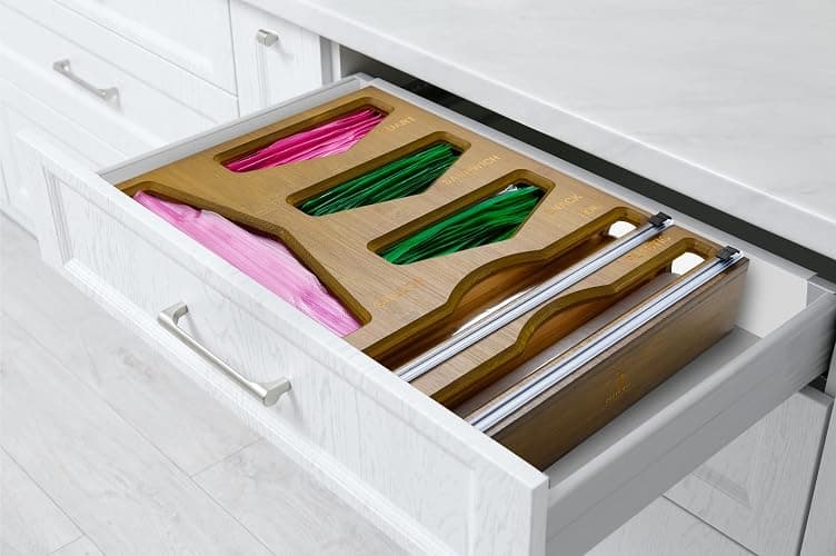 Cozee Bay Bamboo Food Bag Organizer with Foil and Plastic Wrap Organizer, Kitchen Drawer Organizer, Wrap Dispenser with Cutter, for Gallon, Quart, Sandwich, Snack Bags and 12" Roll (Vintage Brown) thumbnail 4