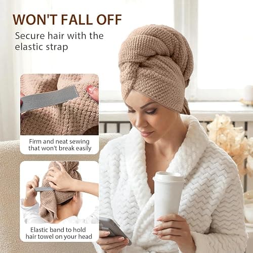 YFONG Large Hair Towel Wrap for Women, Super Absorbent Microfiber Hair Towel for Curly Hair, Fast Drying Hair Turbans with Elastic,Hair Drying Towel Wrap for Hair Care Anti Friz 26.3" X 40" (Brown) thumbnail 4