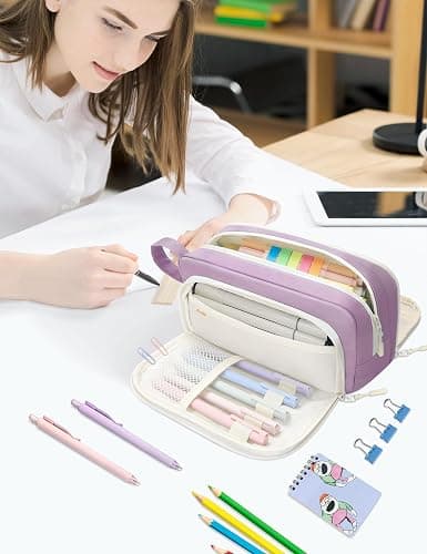 SUNEE Cute Pencil Case, Aesthetic Pen Pouch with 3 Compartments, Kawaii Colored Large Pencil Bag with Zipper, Stationery Storage and Organizer, Purple School Supplies for Teen and Adult Girls thumbnail 2
