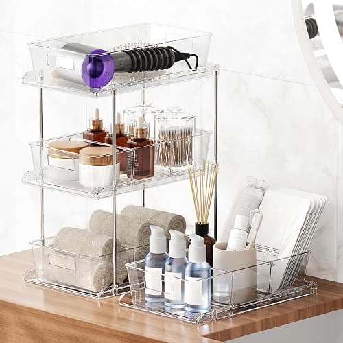 Fabspace Pull-out Home Organizer, 2 Pack 2 Tier Clear Bathroom Organizer with Dividers, Multipurpose Vanity Counter Tray, Kitchen, Closet Organizers, Cabinet & Storage Container Bins thumbnail 5
