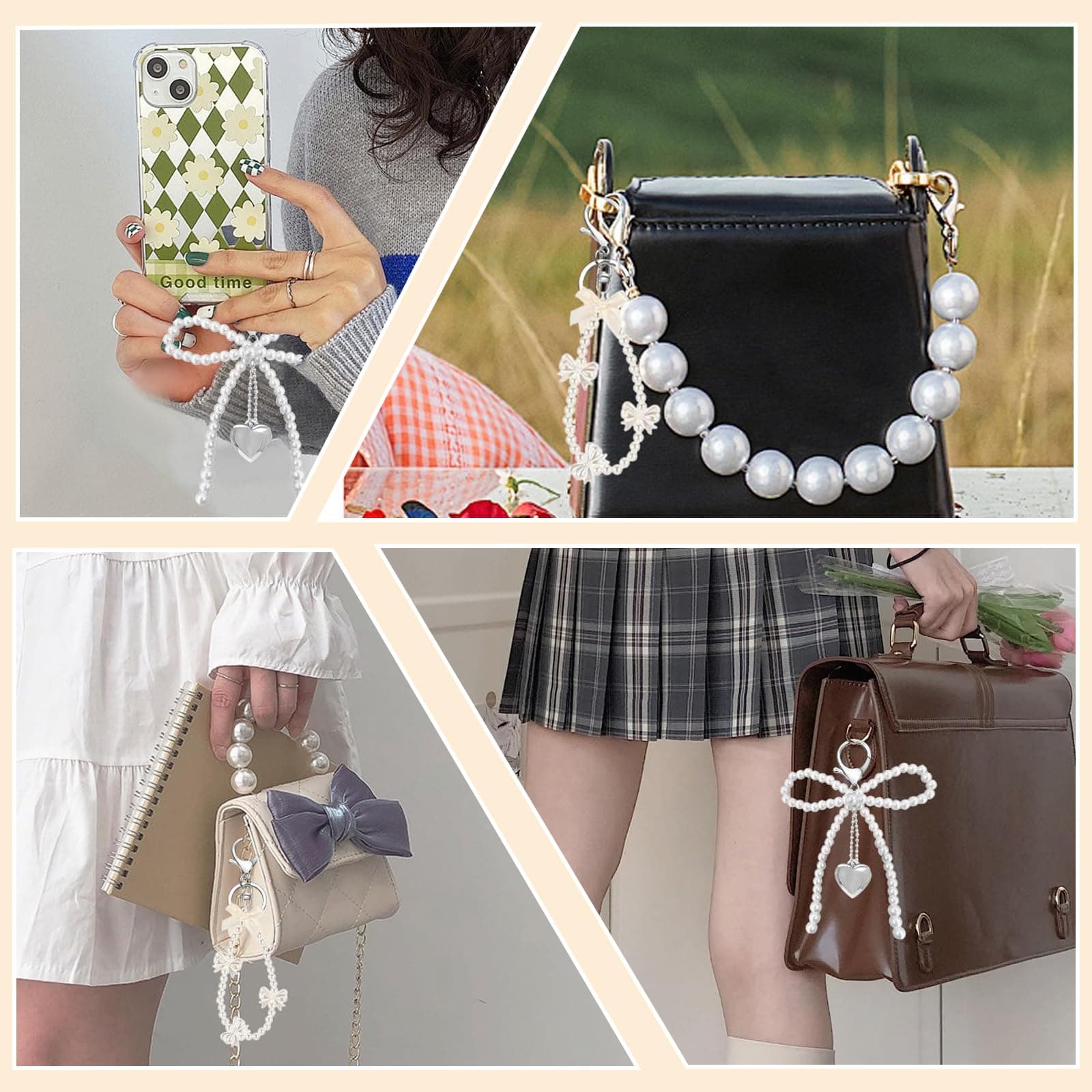 Lilbitty -Pack of 2 Cute Bow Pearl Keychains for Women, Fashion Key Ring for Bag and Car, Gold Charms Pendant thumbnail 7