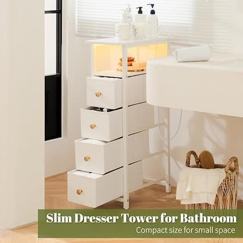 Yoobure LED Narrow Nightstand with Charging Station - Slim Dresser for Bedroom Narrow Side Table Storage Cabinet, Small Dressers Chest of Drawers, Tall Night Stand End Table for Small Spaces, White thumbnail 9
