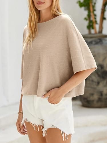 Khaki Size Small Cicy Bell Womens Oversized Short Sleeve Sweaters Tops Knit Fall Pullovers | Half Sleeve Trendy Casual Loose Fit Sweater, Heart&ploka dot&floral pattern,Knitted Boat Neck Work Top for Teachers thumbnail 5