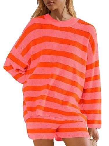 Panadila Womens Striped Sweater Set Oversized Lounge Sets Matching Pajamas Long Sleeve Sweater Top and Shorts thumbnail 2
