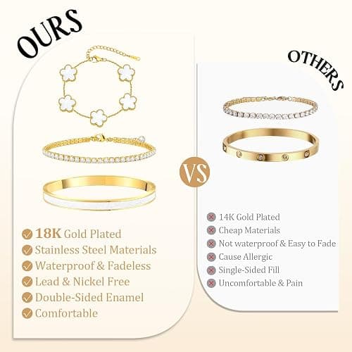 MOINSPIRE Gold Bracelets for Women, 18K Gold Plated Tennis Nail Clover love Bangle Bracelets Set Non Tarnish, Stainless Steel Trendy Stackable Bracelet Fashion Jewelry Accessories Gifts for Christmas thumbnail 7