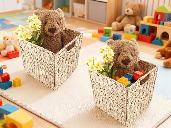 YAHUAN Foldable Paper Rope Storage Cubes 9X9 Hand Woven Wicker Storage Bins Square Basket Storage Baskets for Shelves (Paper rope 2-pack) thumbnail 5
