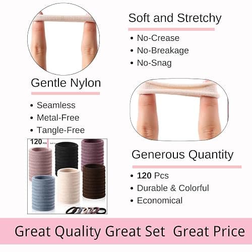 LuSeren 120PCS Soft Hair Ties for Women – No Damage Ouchless Nylon Hair Accessories, Seamless Fabric Ponytail Holders for Daily Use (Natural Colors) thumbnail 3