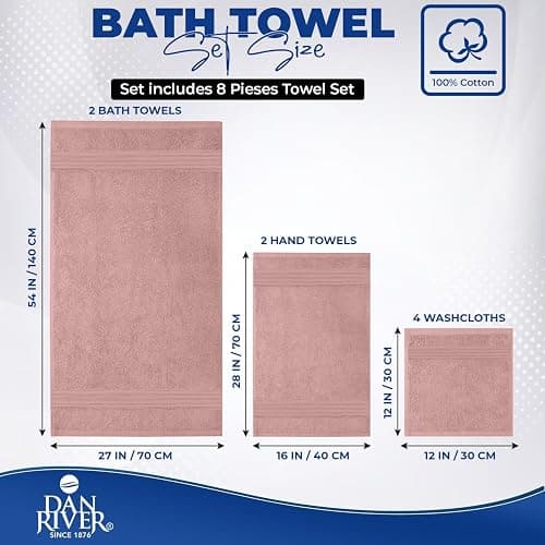 DAN RIVER 8 PC Luxury Bath Towels for Bathroom, 2 Bath, 2 Hand, and 4 Wash Cloths, 600 GSM 100% Ring Spun Cotton Towel Set, Highly Absorbent, Gym, Hotel, and Spa, Dusty Rose thumbnail 3