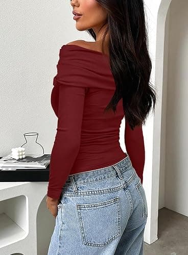 Darong Women's One Off Shoulder Long Sleeve Tops Ruched Going Out Crop Shirts Slim Fit Y2K Tee Blouse thumbnail 2