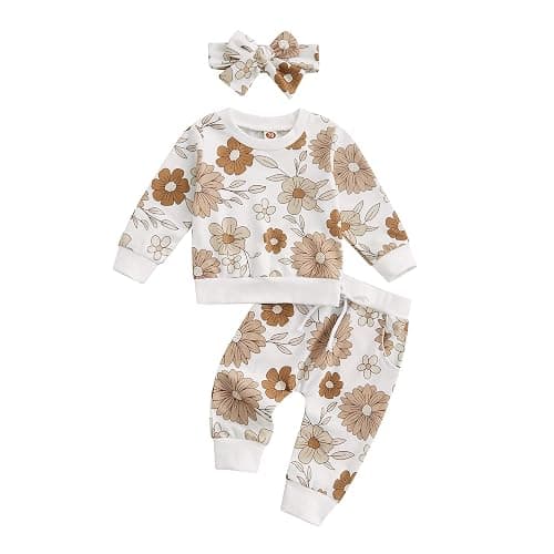 3Pcs Baby Girl Outfits Daisy Sweatshirt + Pants + Headband Infant Fall Winter Clothes - Image 1