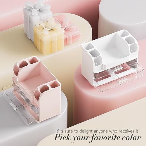 Delamu Makeup Organizer Countertop with 6 Brush Holder, Bathroom Countertop Organizer with 2 Large Drawers, Cosmetic Display Case for Vanity, Ideal Christmas Gifts for Women Girls, Light White thumbnail 9