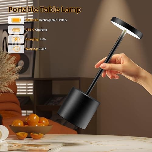 JALVDE Cordless Table Lamps Rechargeable - Outdoor Waterproof LED Table Light Portable 5000mAh Battery Operated Lamp 3 Color Stepless Dimming with Memory Function for Restaurant Dining Patio Black - Black thumbnail 4
