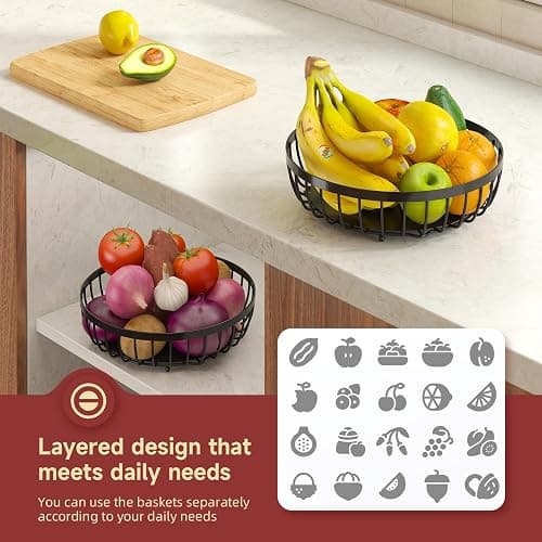 Sevenblue 2 Tier Fruit Bowl for Kitchen Counter, Black, Extra Large | Sturdy Metal Basket for Fruit, Bread & Onions, Modern Wire Fits Various Styles, Includes Food-Safe Mats to Keep Produce Fresh thumbnail 5