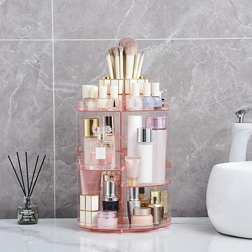 SUNFICON Rotating Makeup Holder Organizer Crystal Pink 360 Rotation Cosmetic Storage Stand Acrylic Makeup Turntable Spin Display Stand Bathroom Vanity Dressing Table Gift Girl Ladt Women thumbnail 4