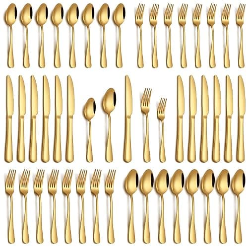 PHILIPALA 40 Piece Gold Silverware Set, Stainless Steel Flatware Set for 8 Food Grade Cutlery Utensil Set Include Knife Fork Spoon Mirror Polished Dishwasher Safe - Image 1