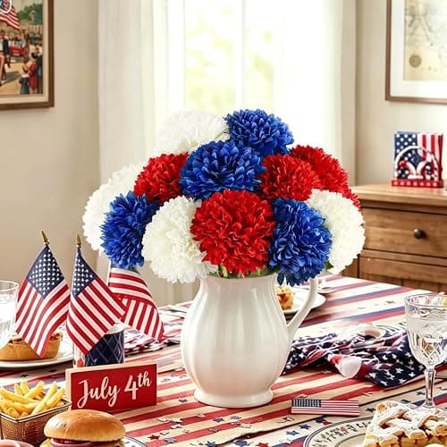 Yunfan 4th of July Decorations Patriotic Decor 12Pcs Artificial Flowers Red White and Blue for Independence Memorial Veterans Labor Fourth of July Home Party Centerpiece Vase thumbnail 2