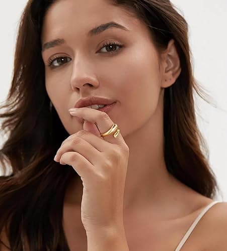 Poxtex Non Tarnish Gold Chunky Rings for Women, Gold Statement Dome Rings Stacking Silver, Adjustable Mens Eternity Wedding Band Mixed Metal Jewelry Size 3-13 thumbnail 8