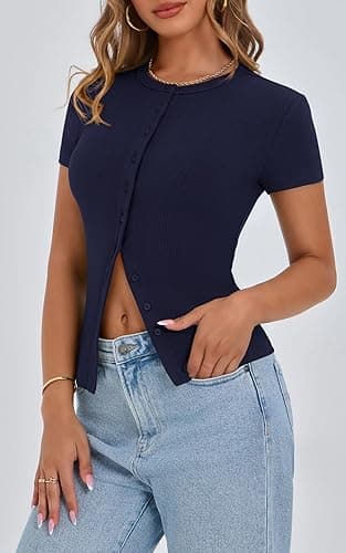 PRETTYGARDEN Women's Short Sleeve Summer Tops 2025 Trendy Ribbed Knit Button Up Tight Basic Tees Shirts Going Out Y2K Clothes thumbnail 4