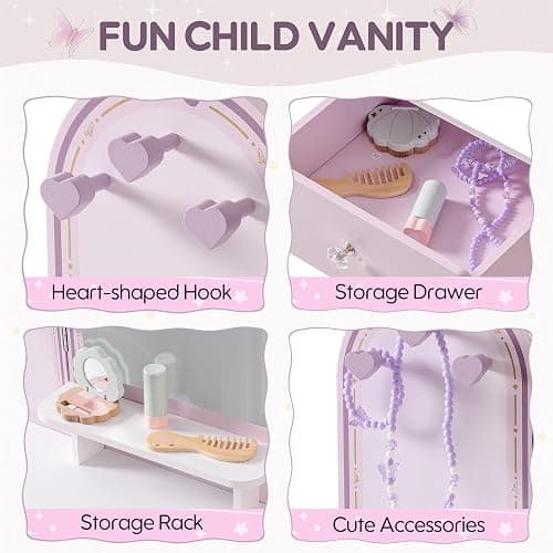ROBUD Kids Vanity Table and Chair Set, Girls Vanity Set with Mirror, Pretend Play Kids Vanity, Makeup Dressing Table with Drawer and Accessories, Age 3+ (Purple) thumbnail 3