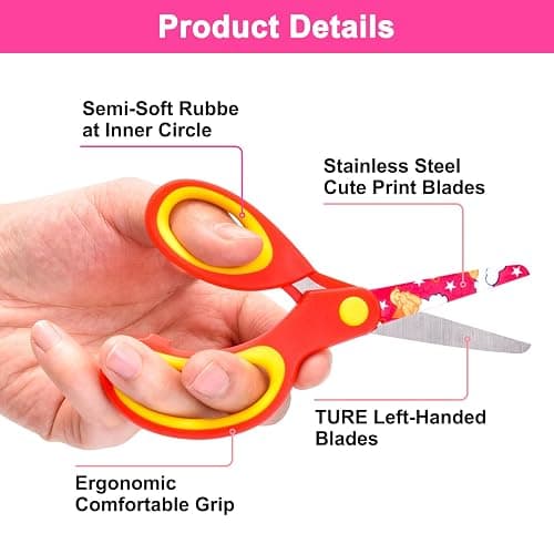 Zicolu Left Handed Kids Scissors, Lefty Safety Toddler Children Scissors, Small Craft Scissors with Blunt Tip - Fun Print Blade, Great for DIY, Arts, Home, School Classroom Use, Assorted Color, 3-Pack thumbnail 6