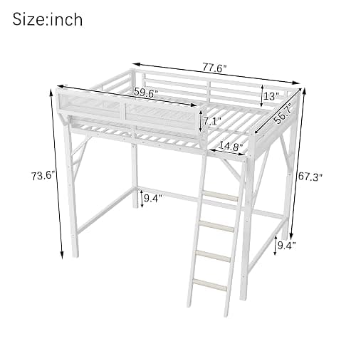 KEIKI Full Size Metal Loft Bed Frame with Ladder and Built-in Storage Shelves, for Teens, Modern Style Loft Bed with Solid Slats, Guardrail, No Box Spring Required, Easy Assembly, for Bedroom, White thumbnail 2