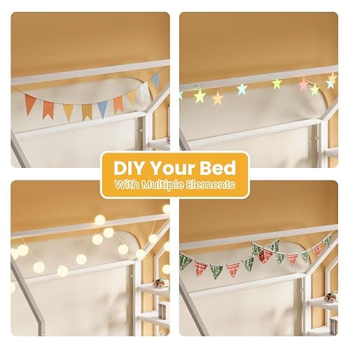 LIKIMIO Twin Bed Frame, Metal House Floor Bed Frame with Storage, Fence Guardrails, No Box Spring Needed, Space Saving for Bedroom and Dorm, Easy Assembly, White thumbnail 4