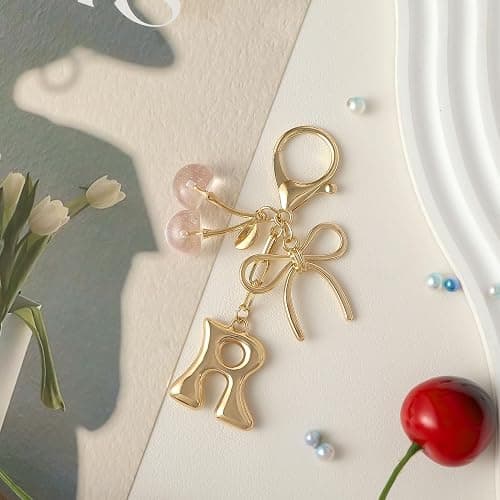 Snycler Bubble Initial Keychain with Bow & Cherry - Gold Letter Bag Charms for Women, Cute Purse Handbag Accessories thumbnail 6