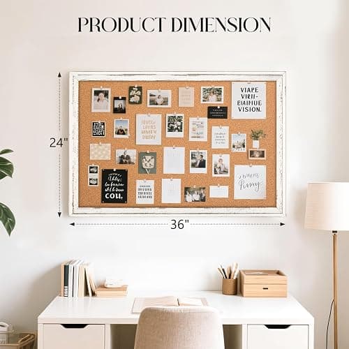 QUEENLINK Cork Board Bulletin Board, 36" x 24" Corkboard for Wall, Rustic White Wooden Frame, Hanging Pin Board for Home & Office Decor, 10 Push Pins thumbnail 3