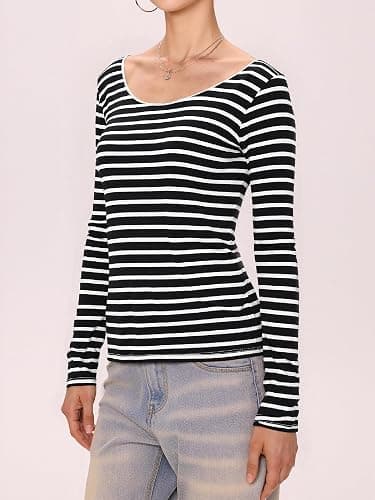 EMMIOL Off The Shoulder Tops for Women Striped Long Sleeve Shirts Going Out Top Y2k Fall Clothes thumbnail 5