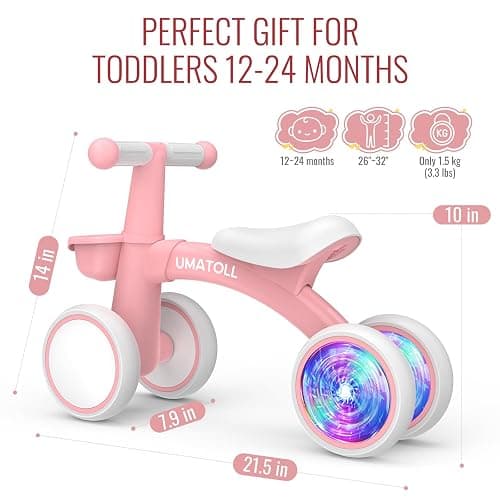 Umatoll Colorful Lighting Baby Balance Bike Toys for 1 Year Old Girl Gifts, Adjustable Seat, First Birthday Gifts, 12-24 Months Toddler Bike, Pink thumbnail 2