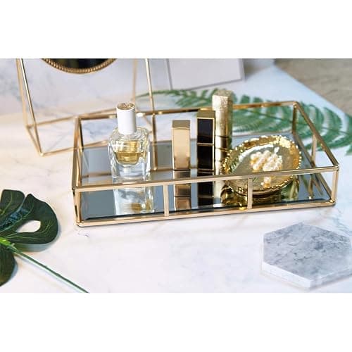 PuTwo Tray Mirror Gold Dresser Ornate Metal Decorative Jewelry Organizer | Gold Tray Jewelry Perfume Organizer Makeup Tray for Vanity Dresser Bathroom Bedroom thumbnail 2