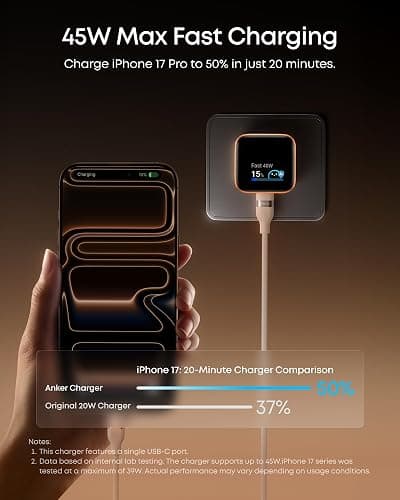 Anker Nano USB C Wall Charger, 45W Fast Charging Smart Display Charger, with 180° Foldable Plug, Smart Recognition, Built-in Care Mode, for iPhone17/16/15(Non-Battery,One USB-C Port,No Cable Included) thumbnail 3