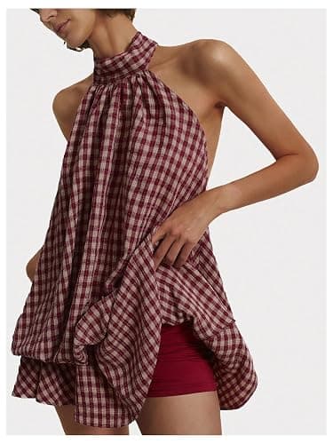 SOLY HUX Women's Plaid Halter Mini Dress Ruffle Bubble Hem Going Out Dress | Gingham Dress, Y2k Dresses, Backless Dress, Tie Back, Sleeveless, Mini Dress with Shorts thumbnail 3