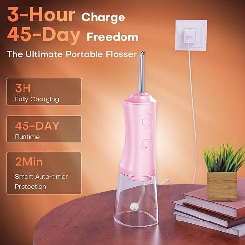 Water Dental Flosser - Portable Cordless Oral Irrigator 300ML, Rechargeable IPX7 Waterproof Irrigation Cleaner for Teeth Cleaning & Flossing, Travel & Home Use (Pink) thumbnail 5
