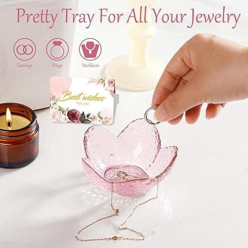 Gifts for Women Pink Flower Ring Dish Glass Jewelry Dish Jewelry Tray Cute Vanity Organizer Room Decor Aesthetic Nightstand Bathroom Decor Trinket Dish Ring Holder Dish Jewellery Tray Valentine's Gift thumbnail 7