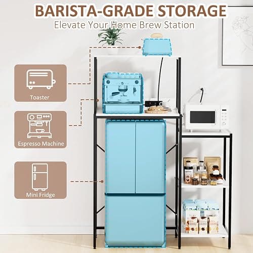 QieerHior Mini Fridge and Microwave Stand Over Refrigerator Storage Shelf with Power Outlet, 5 Tiers Adjustable Bakers Rack Cabinet Coffee Bar Appliance Organizer for Dorm Office,Marble-Look thumbnail 7