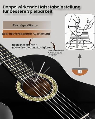 Winzz Konzertgitarre 4/4 Erwachsene, Klassische Gitarre Anfänger Set für Kinder ab 11+ Jahre - Schwarz Glänzend (39 Zoll) thumbnail 3